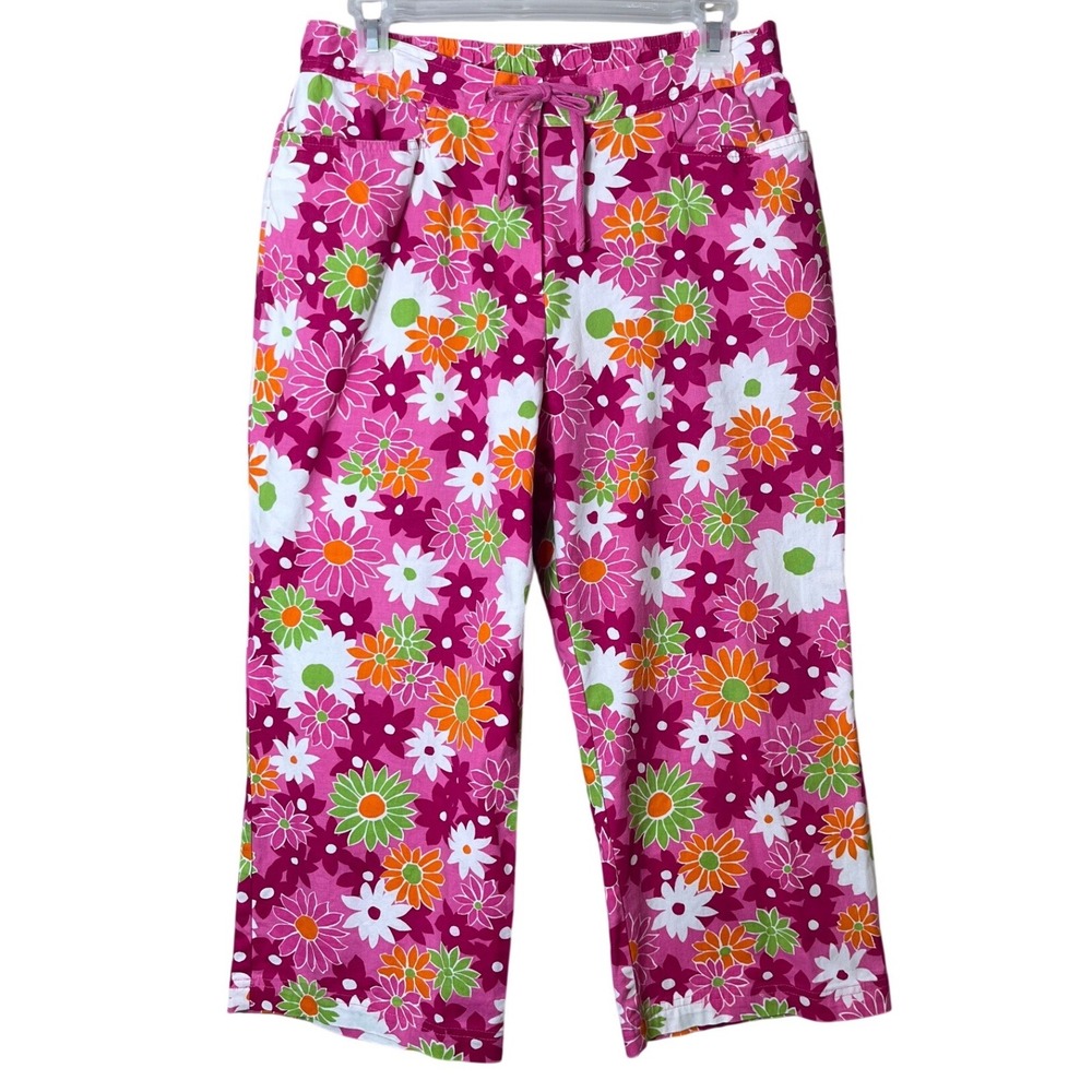 Sag Harbor 12P Pink Floral Crop Capri Pants Y2K Retro Daisy Aesthetic Vibe 70s